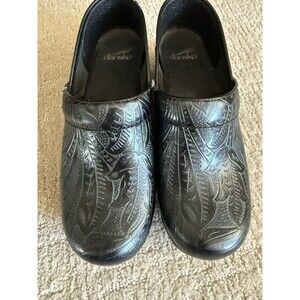 Dansko Professional Tooled Leather Comfort Clogs Black Womens US Sz 8.5 Floral